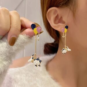 Cute Kawaii Little Kitty Cat Flying on Balloons Unique Whimsical Dangle Earrings